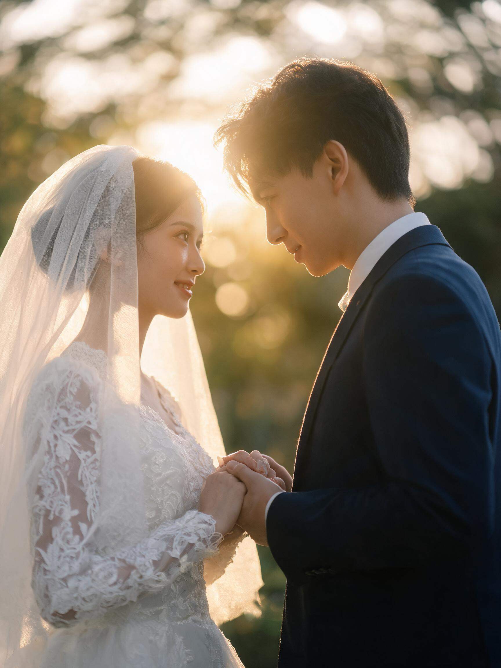 Emotional wedding moment with soft backlight
