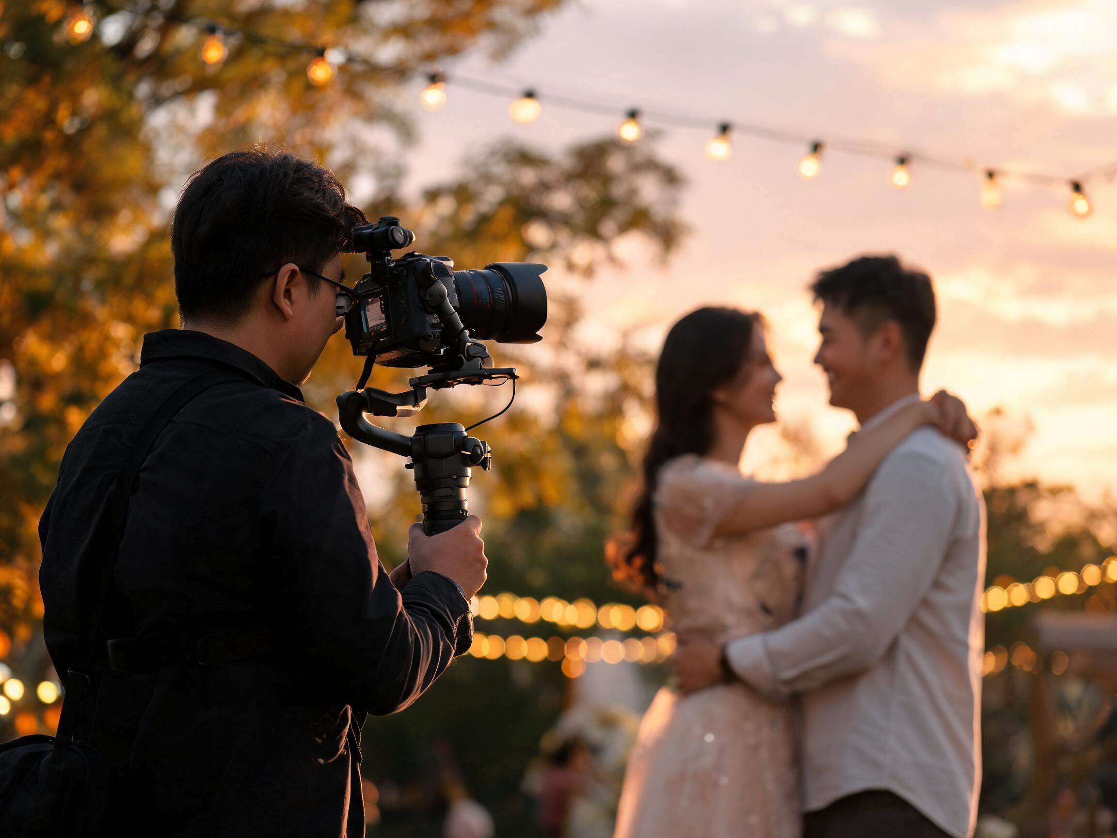 Photographer and videographer covering an outdoor celebration at golden hour
