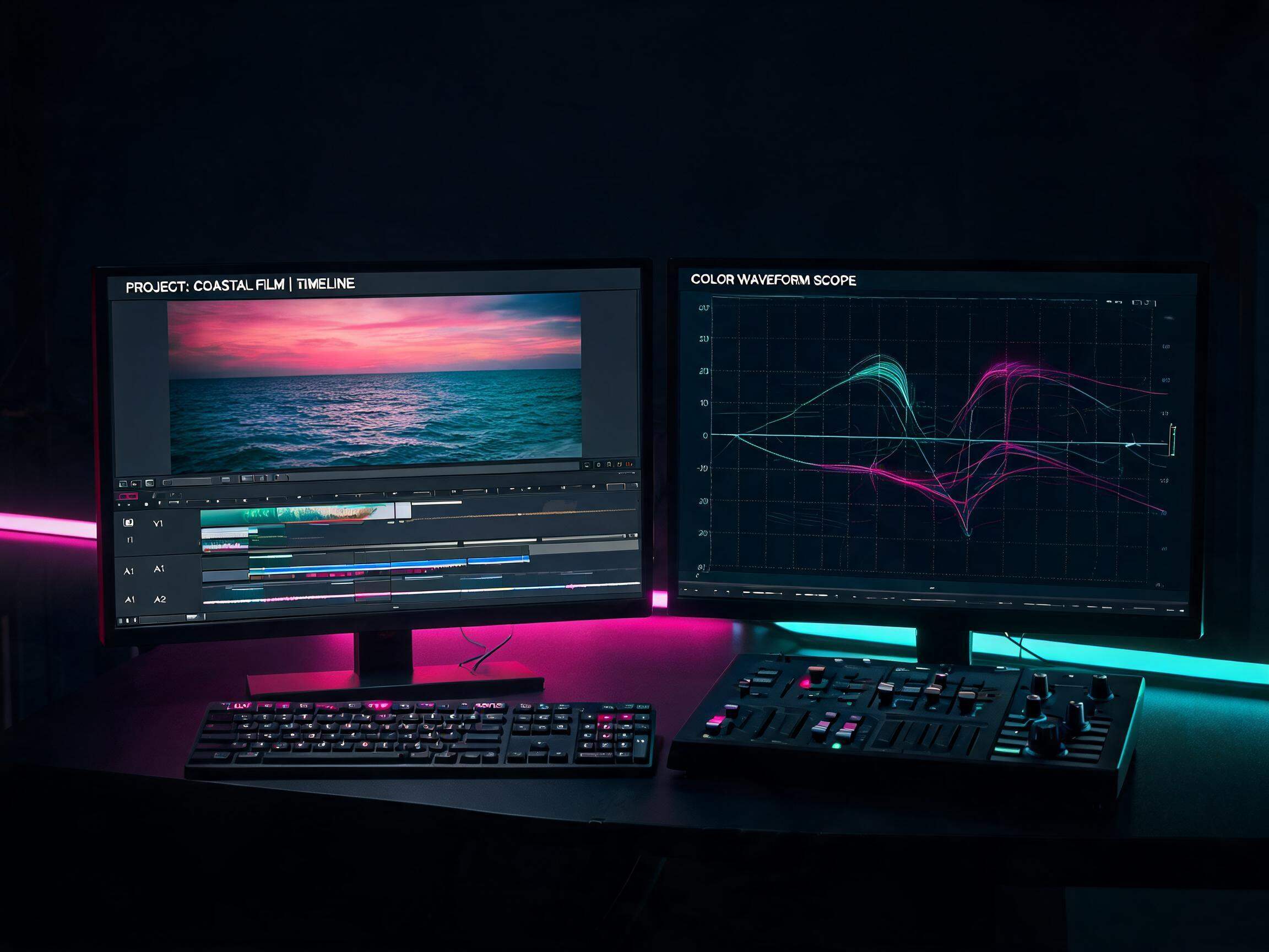 Video editing suite with color-graded timeline on glowing monitors