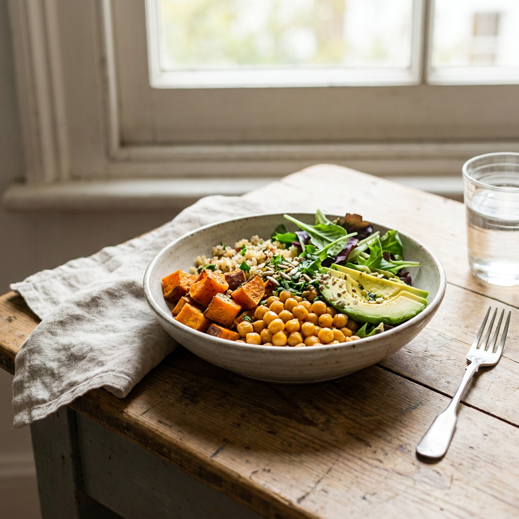 Bowl de quinoa con vegetales y avocado