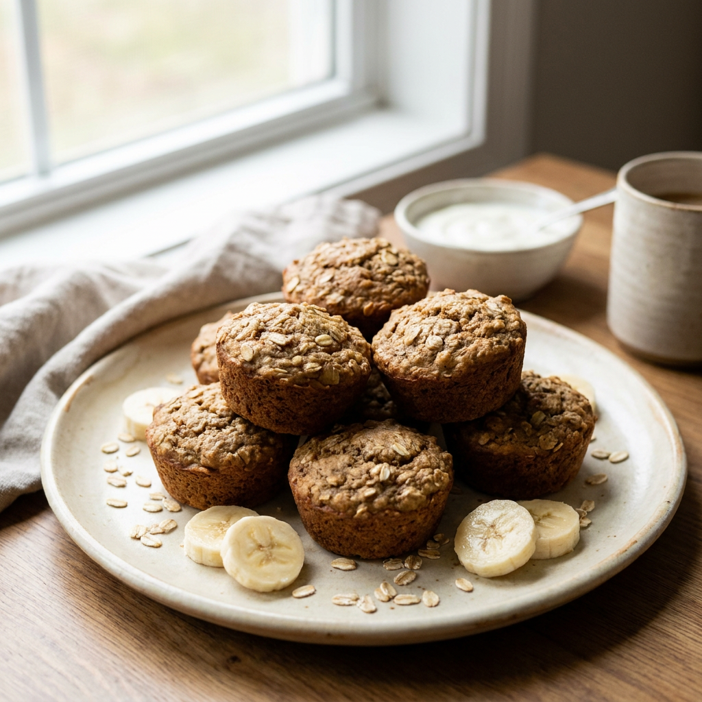 Muffins de banana y avena en plato cerámico