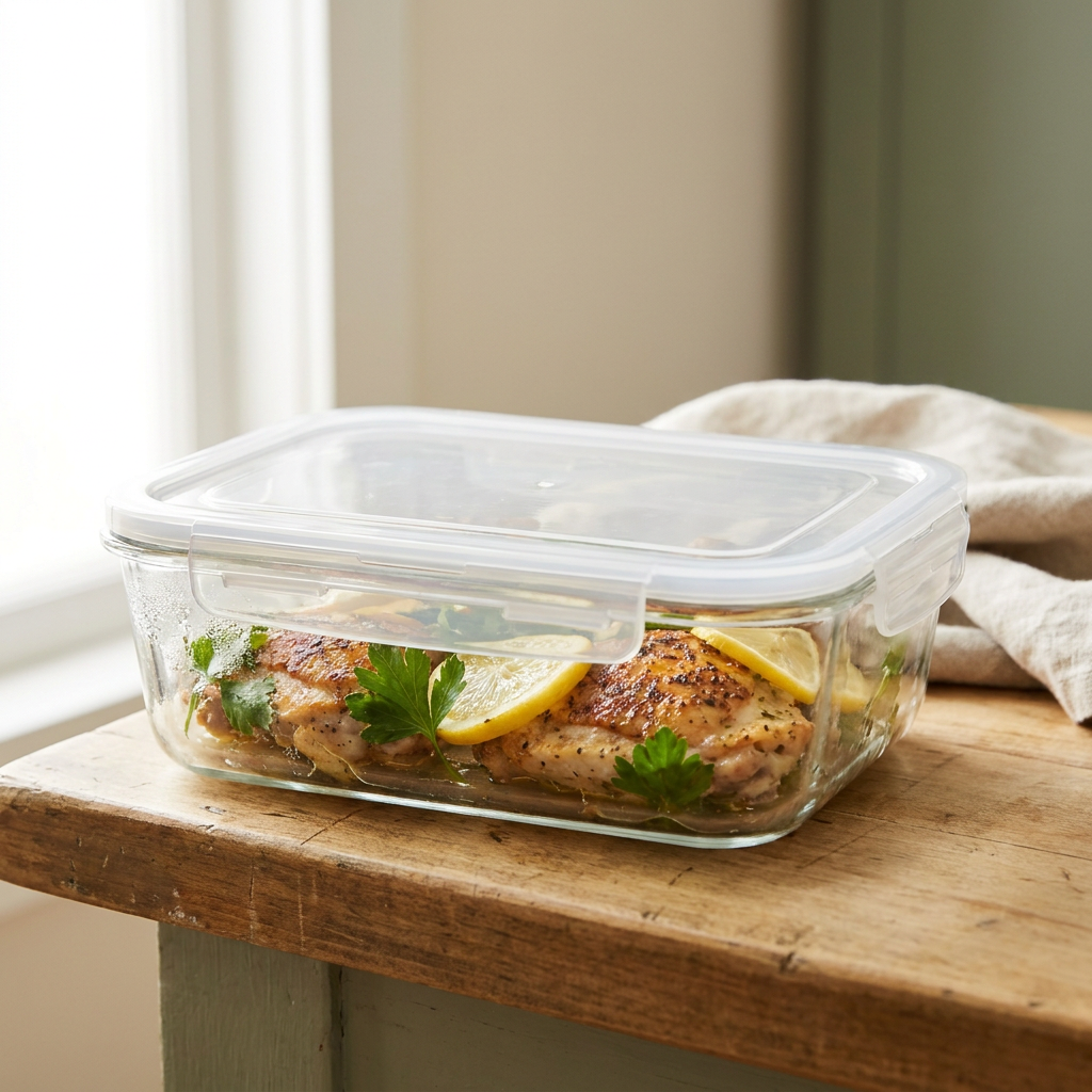 Pollo al limón en contenedor para freezer