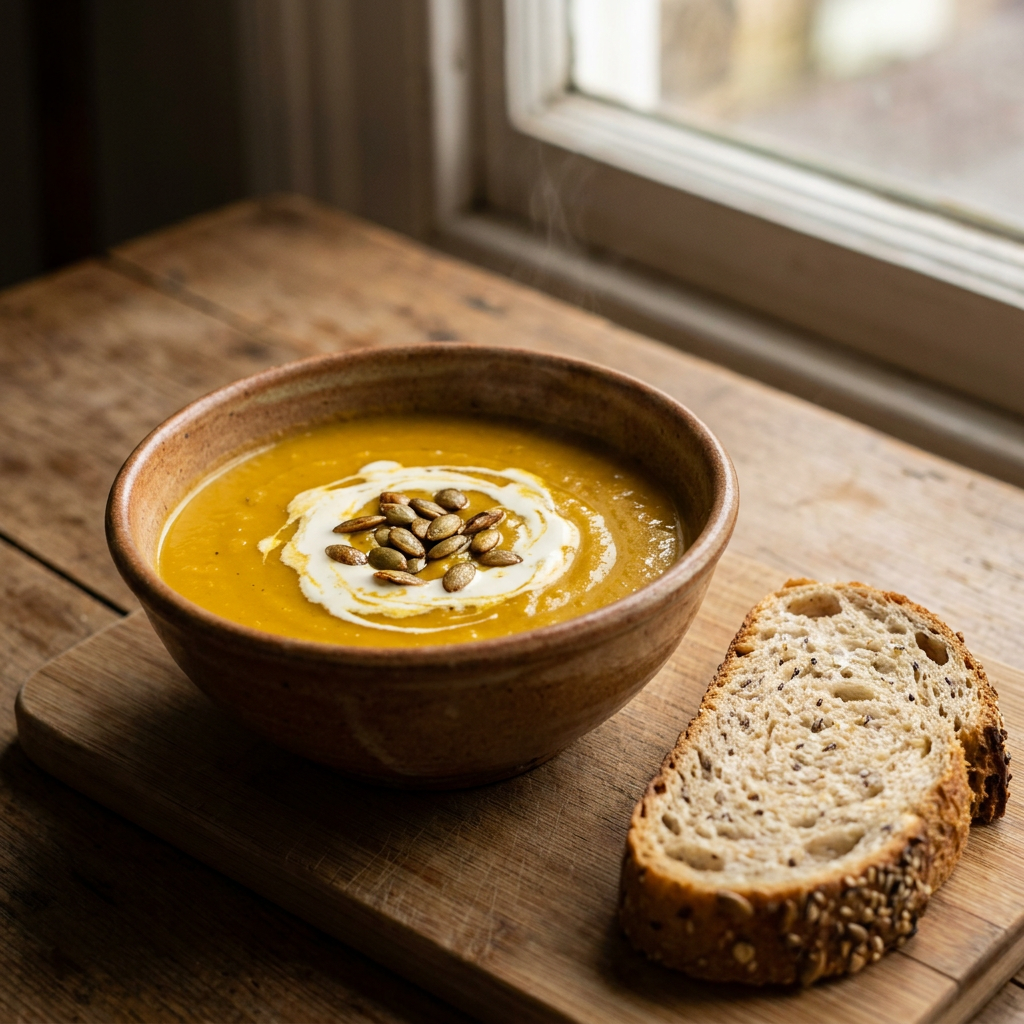 Sopa cremosa de zapallo con semillas