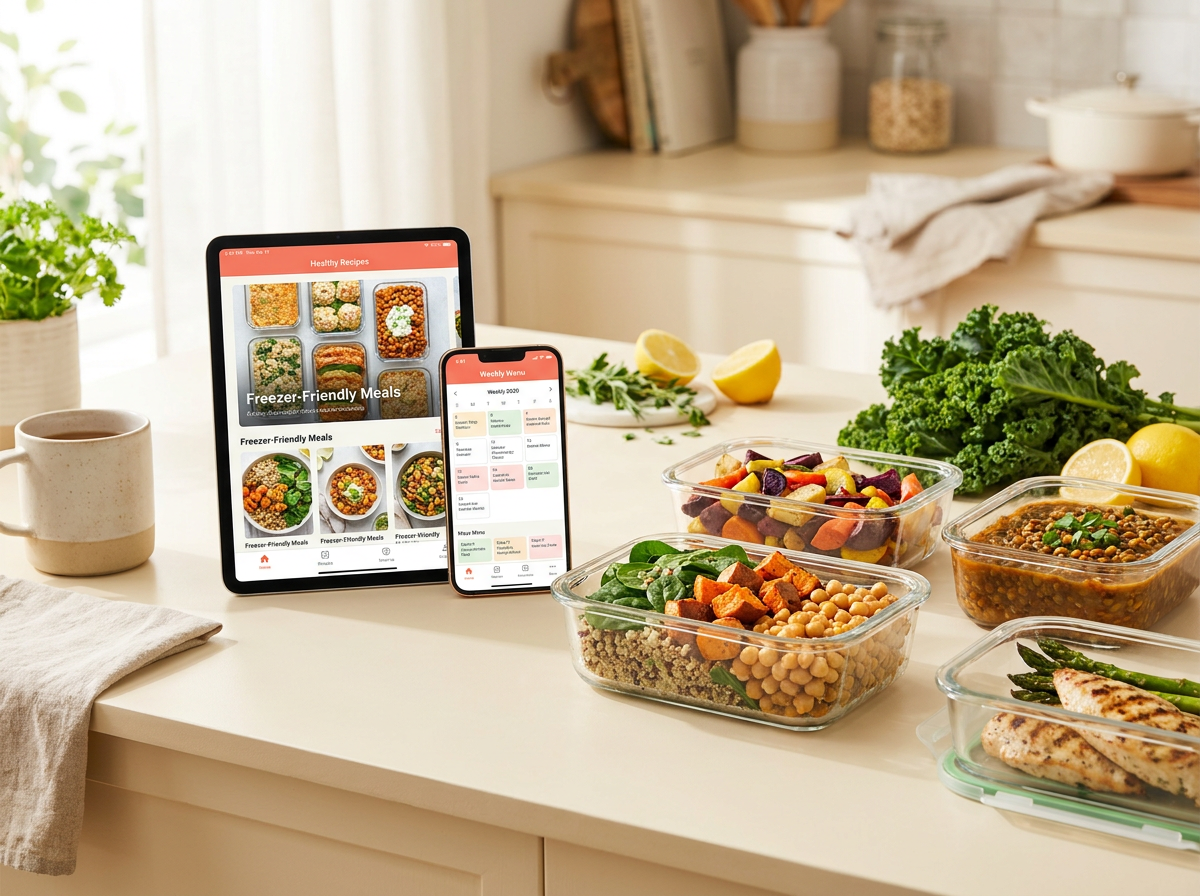 Recetario digital de recetas saludables para congelar, visto en tablet y celular con contenedores de comida lista para el freezer