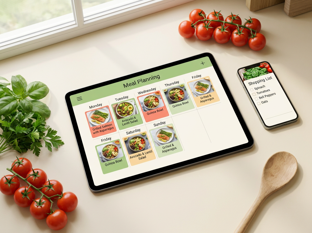 Vista del recetario y la lista de compras en tablet y celular