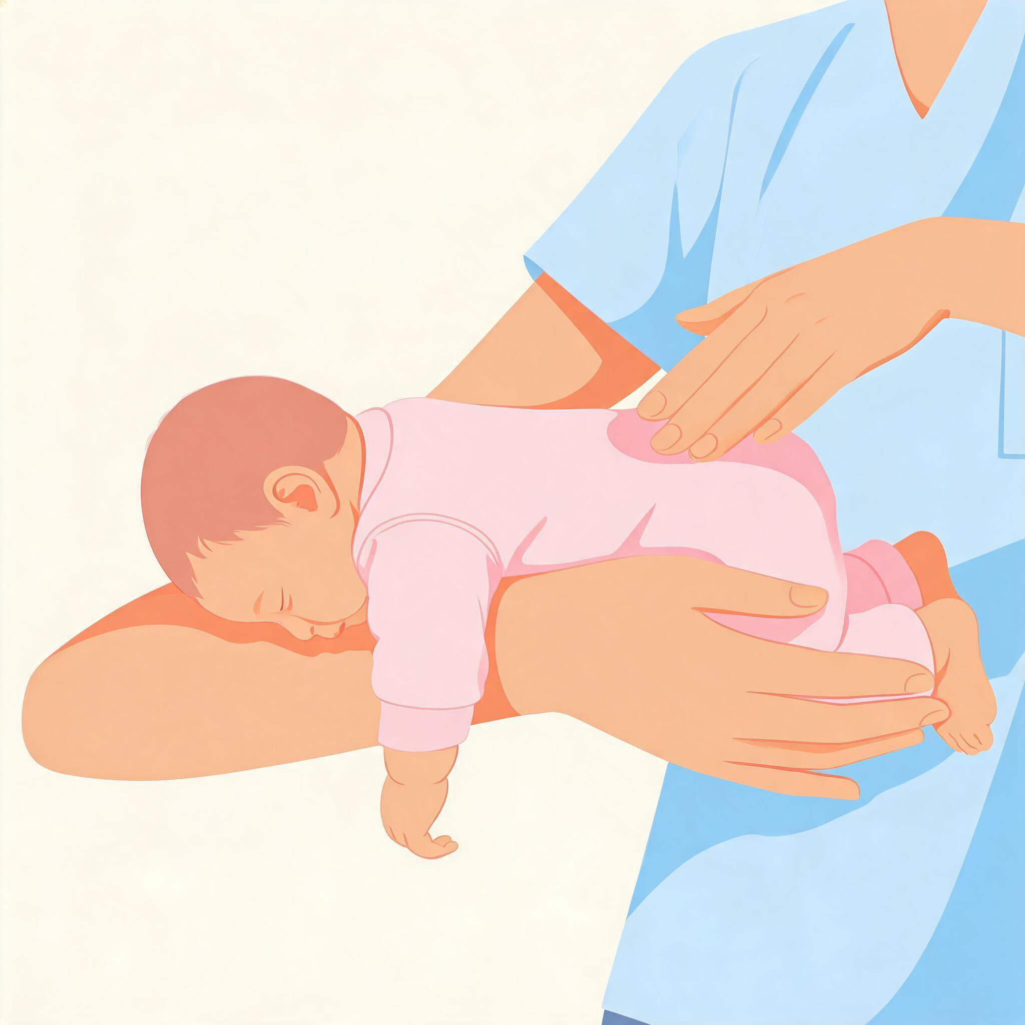 Ilustração de primeiros socorros: bebê de bruços no antebraço recebendo cinco pancadas nas costas