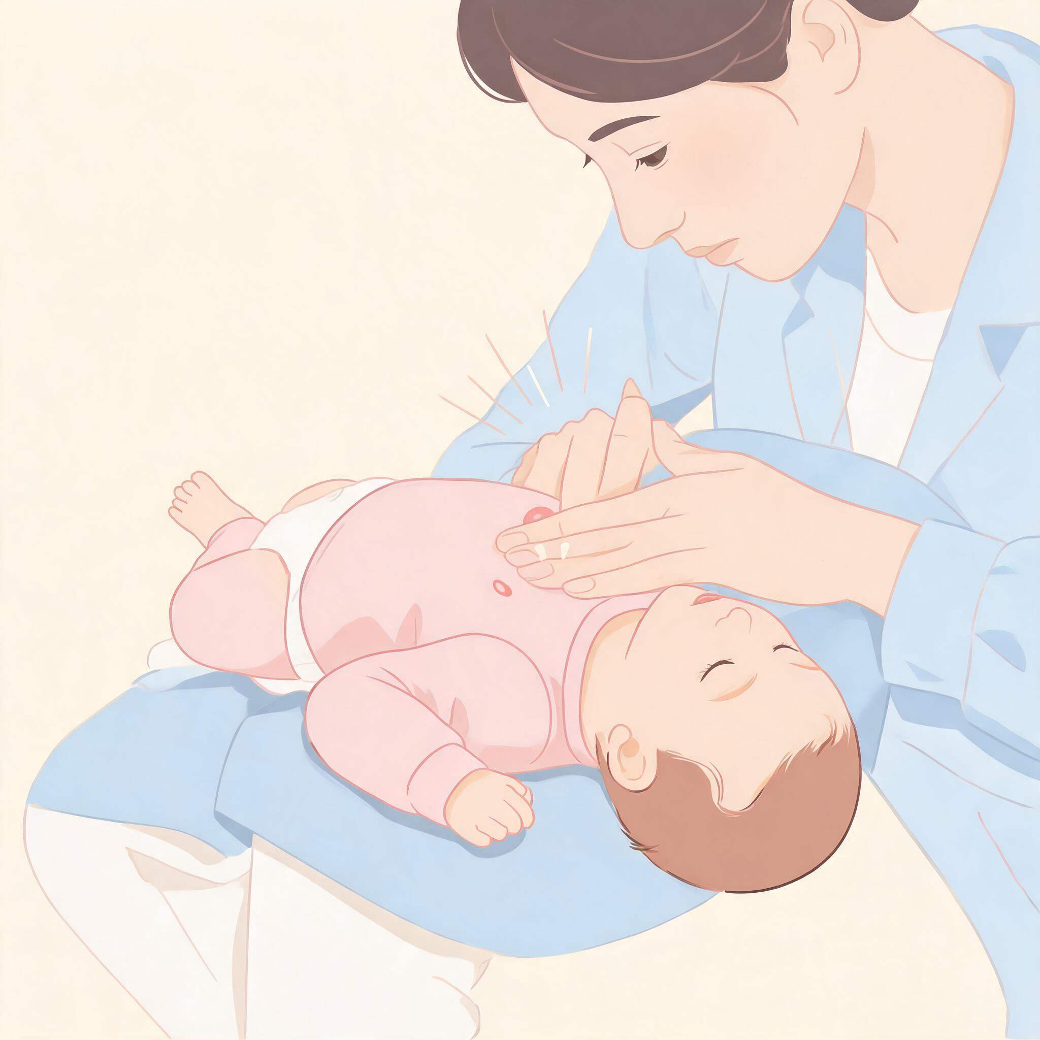 Ilustração de primeiros socorros: bebê de costas recebendo cinco compressões torácicas com dois dedos