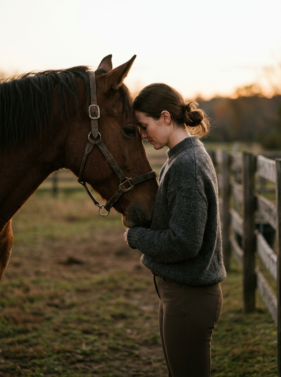 Jinete junto a su caballo al atardecer