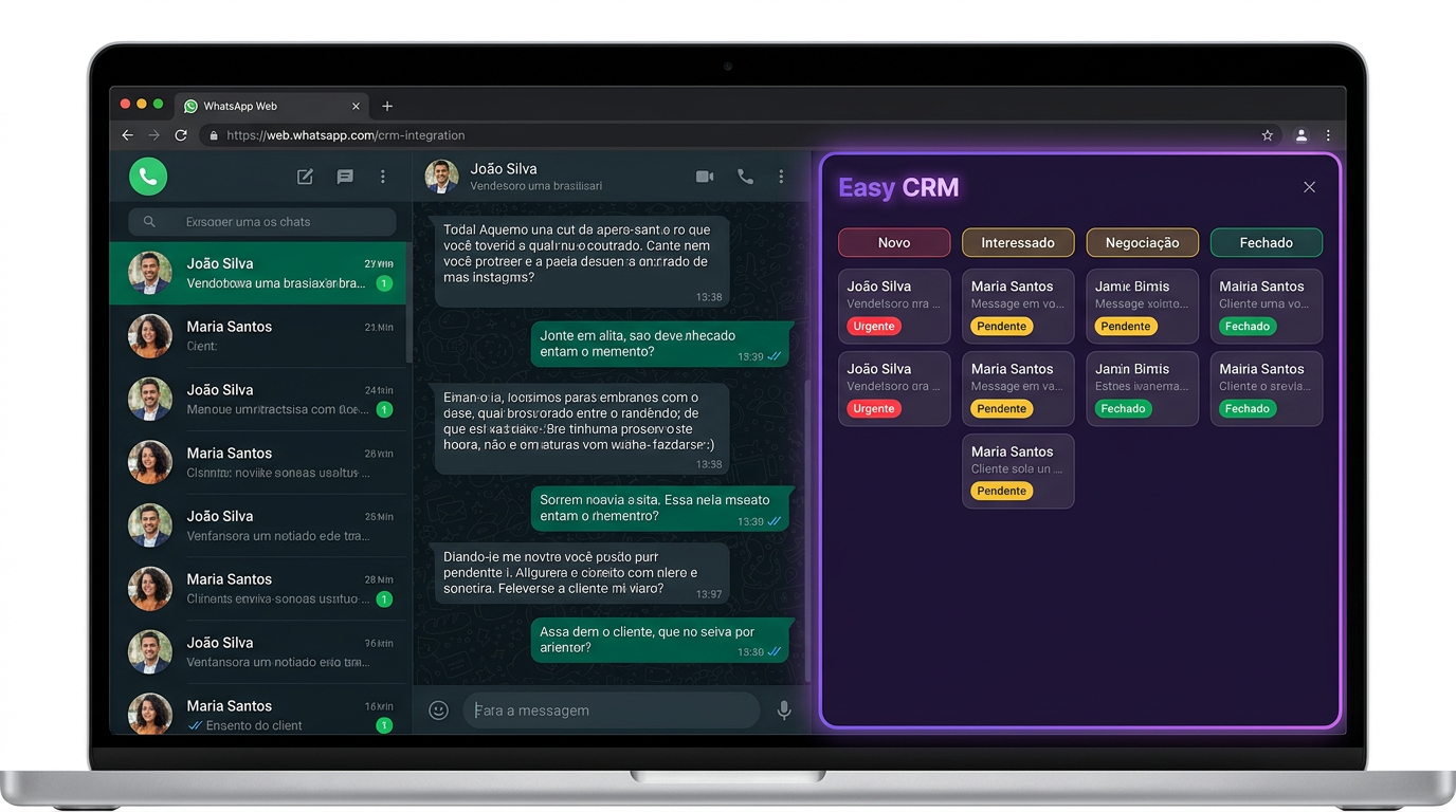 O Easy CRM aberto dentro do WhatsApp Web, com o funil ao lado das conversas