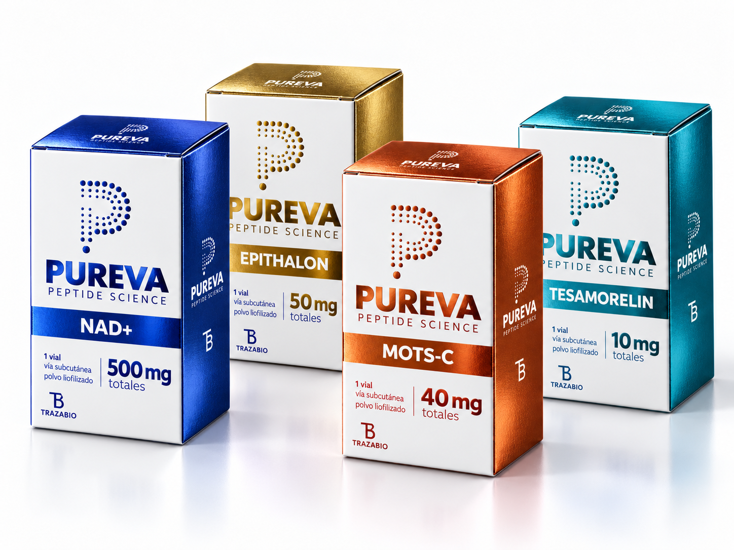 Composición de cajas PUREVA NAD+, Epithalon, MOTS-C y Tesamorelin