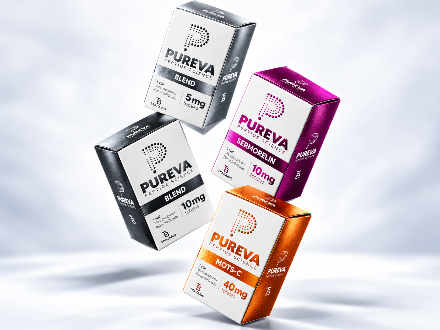 Cajas PUREVA Blend de 5 y 10 mg, Sermorelin de 10 mg y MOTS-C de 40 mg